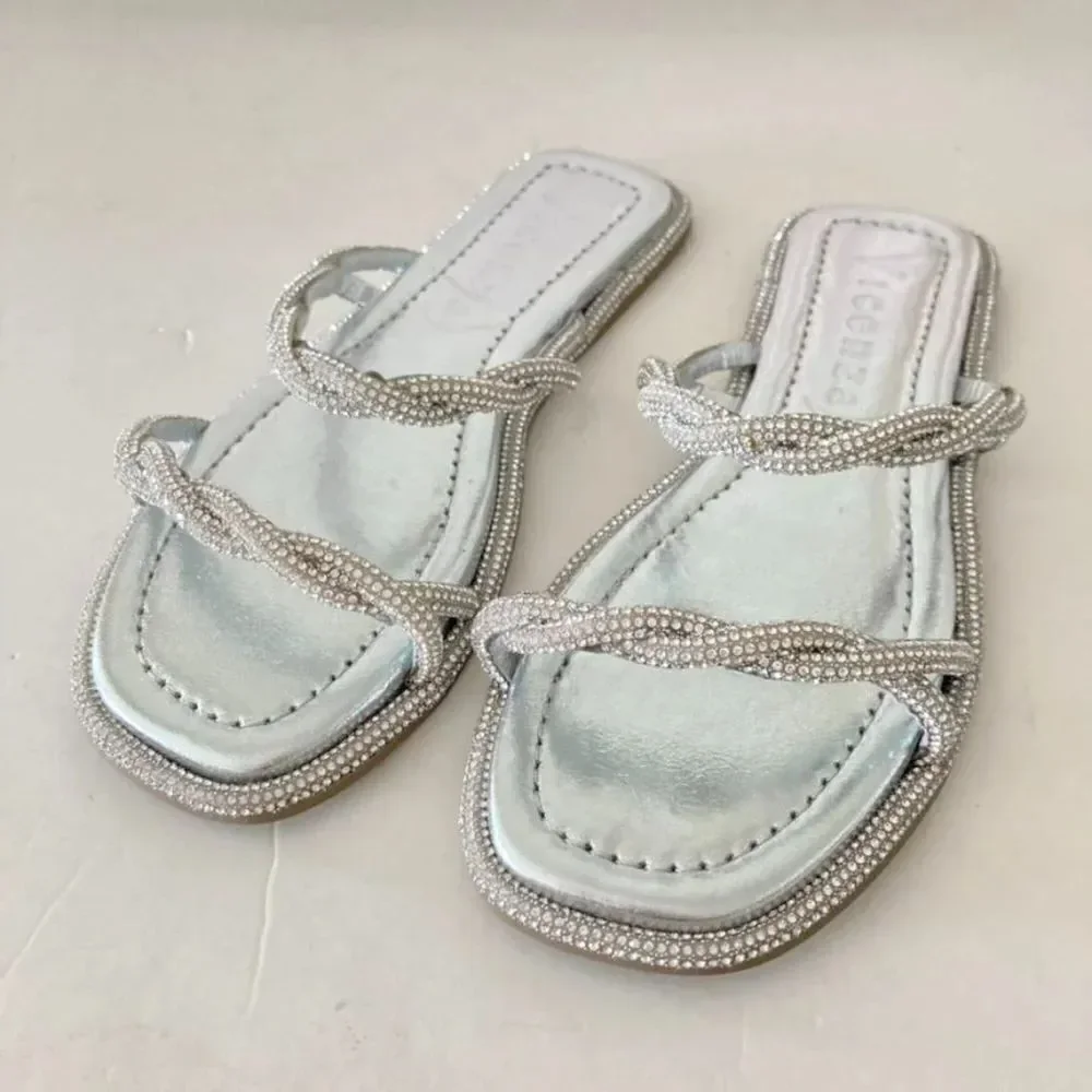 NWOT Vicenza Free People After Party Slip On Silver Gem Twisted Sandals Sz 6
